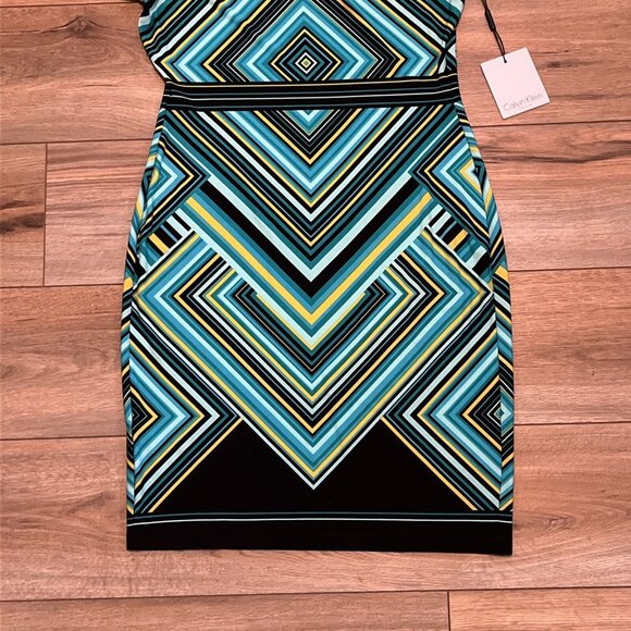 Calvin Klein Sheath Dress SZ 6 Pullover Stretch Turquoise Yellow Short Sleeve - Picture 3 of 11